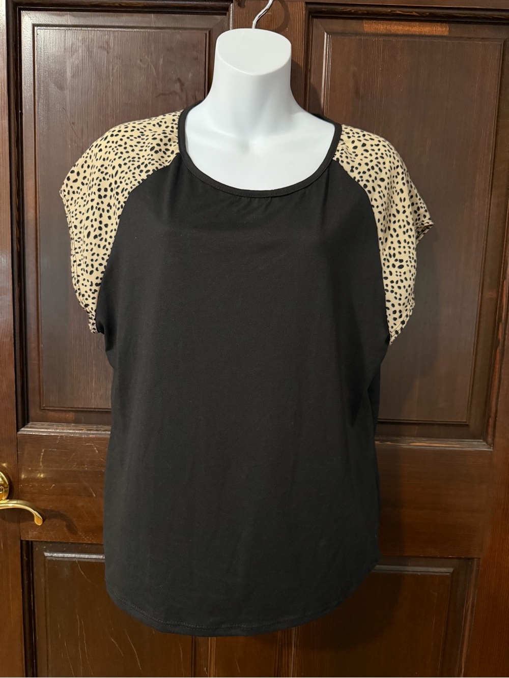 Black Tee with Beige Speckled Cap Sleeves